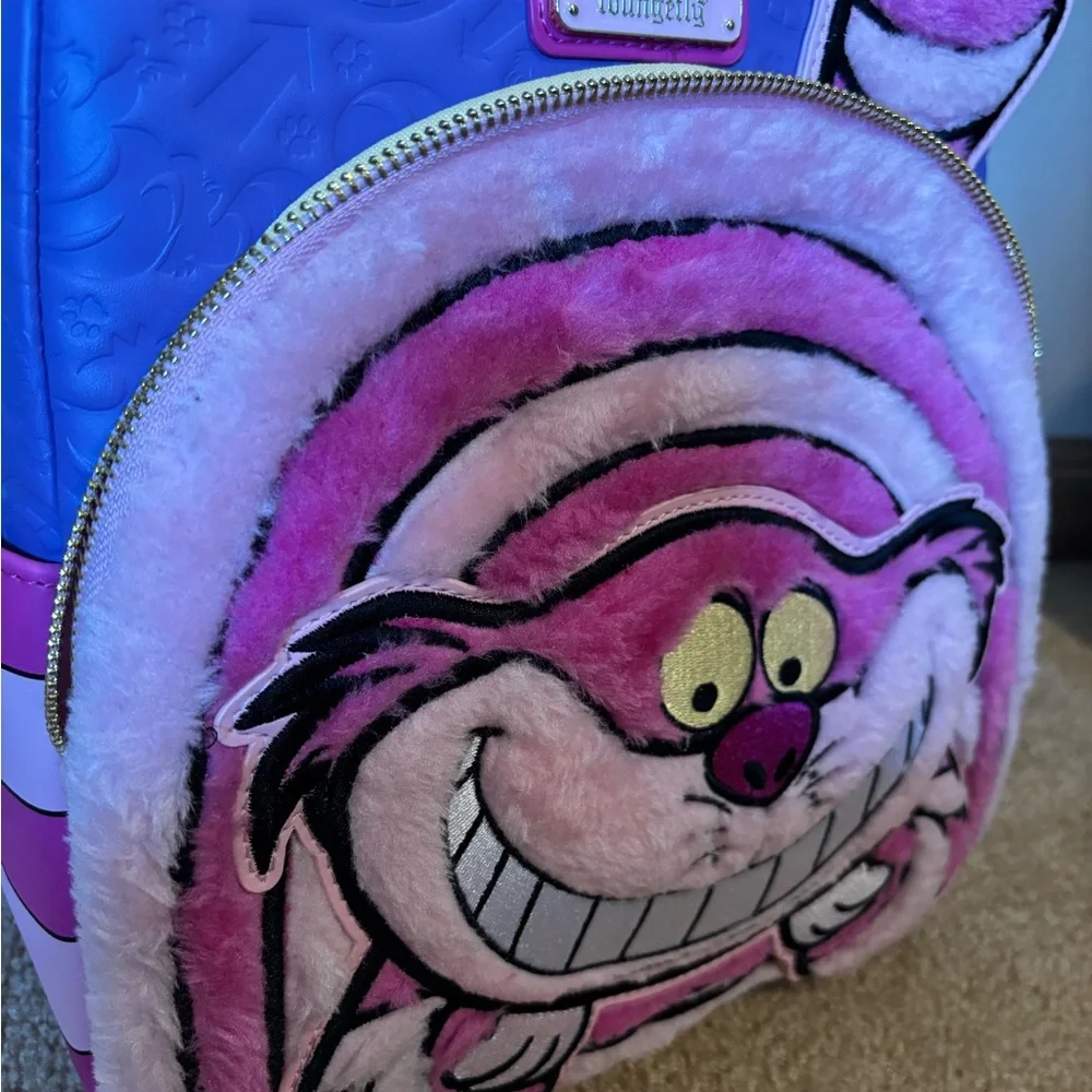 Disney Alice In Wonderland Loungefly Fuzzy Cheshire Mini Backpack - Picture 2 of 11